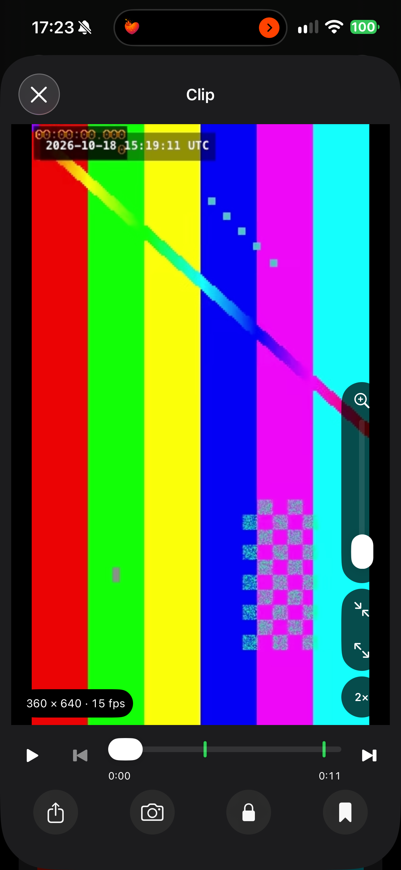 Clip player showing a synthetic colour-bar test video, playback controls, export and frame capture.